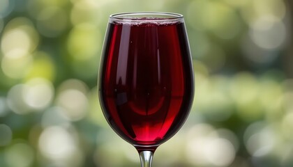 A rich ruby red wine, elegantly presented in a crystal glass, bathed in soft, natural light against a blurred green backdrop.