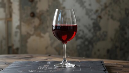 A single glass of rich red wine rests on a rustic wooden table, bathed in soft light against a textured, aged wall.
