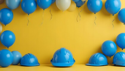 A celebratory scene of blue hard hats and balloons against a vibrant yellow background, symbolizing a joyful construction project milestone or a team achievement.