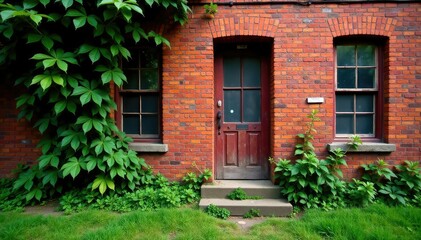 Weathered red brick facade with overgrown vegetation, nature, building, facade