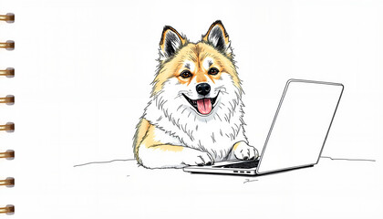Happy dog using laptop in a sketch style illustration  
