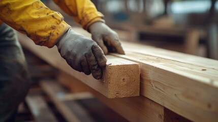Construction worker inspecting wooden beams for defects. Featuring care and quality