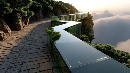 This captivating glass path winds elegantly along a mountain ridge, hovering between earth and sky, inviting travelers to experience the breathtaking landscape and ethereal beauty of nature.