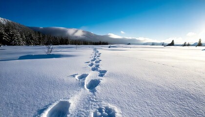 新雪の中の足跡 - 壮大な山の風景と澄み切った青空の下、雪原を横切る冬の散歩道