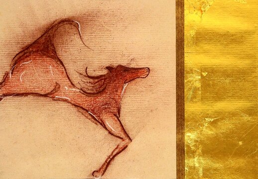 CONQUEST OF ART, red chalk and gold leaf drawing on paper : charcoal sketch, juxtaposed with gold leaf, of a galloping horse in profile, in free and powerful movement toward a goal of light and glory.