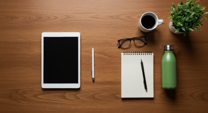 Workspace setup with tablet, notebook, and accessories on wooden desk  