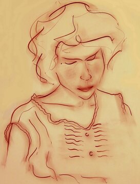 2-BUTTON BLOUSE, red chalk drawing on Ingres paper: portrait of a young woman in a blouse with her eyes closed, evoking introspection or reverie, with a serene, slightly melancholic expression.       