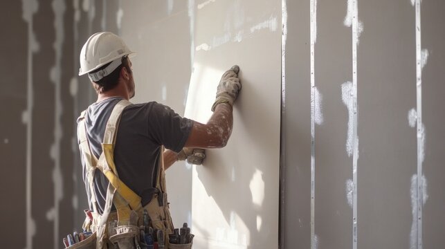 Construction worker installing drywall on walls. Featuring attention to detail and efficiency