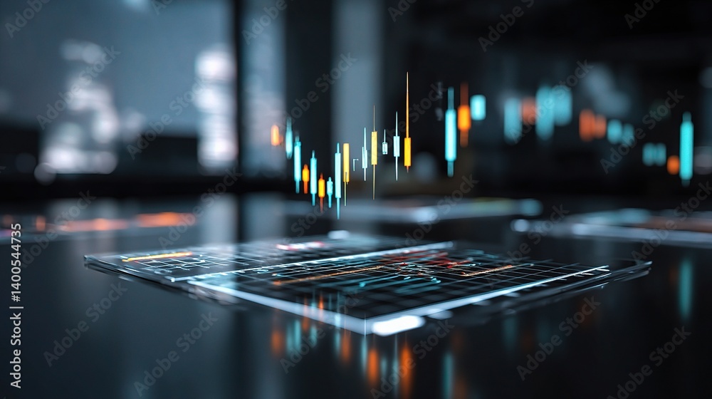 Poster holographic forex graphs displayed on a table with computer background