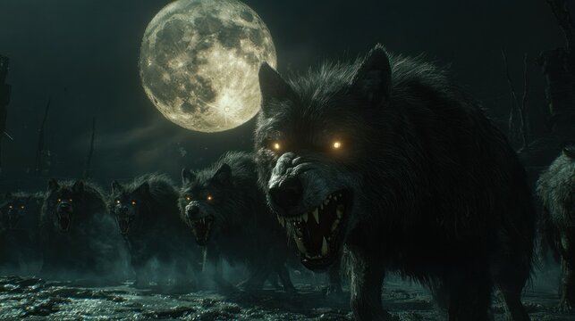 Night Werewolves Attacking Under Full Moon