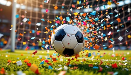 Fototapeta premium A striking image of a soccer ball bursting through the net, with confetti falling in celebration around it.