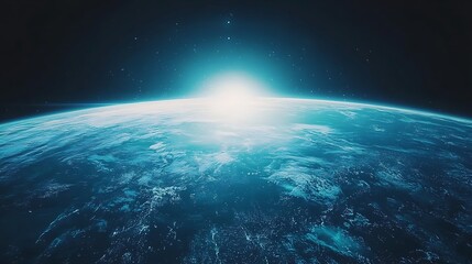 Earth from space, vibrant sunrise.  Vast expanse of the planet's surface, oceans, and continents, bathed in a radiant sunrise. Stars and space dust subtly punctuate the infinite black expanse beyond