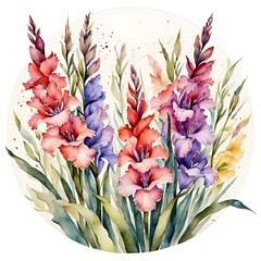 Watercolor painting with a bouquet of gladiolus flowers in a circle.