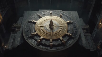 Massive, ornate clock in dark, futuristic chamber
