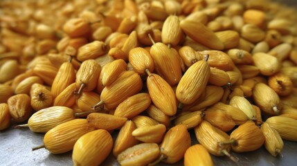 Fototapeta premium Small, sweet dates, pitted and ready for use, honey-colored, naturally sticky - nour dates amber photography