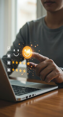 Customer Feedback: Rating Experience with Smiling Face & Stars. Touchscreen Review on Laptop, Giving Online Feedback, Satisfaction Levels