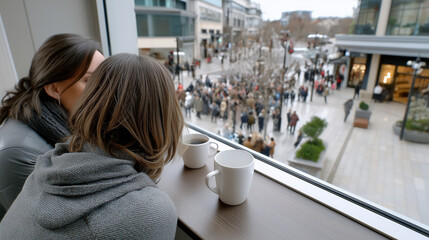 Couple Watching Urban Scene from Café Window