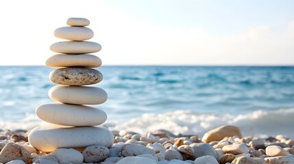 Serene Beach Stones Stacked High Ocean Waves Background Tranquil Coastal Scene