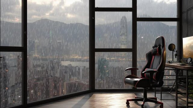 animated virtual backgrounds, stream overlay loop, interior, cozy futuristic living room at sunset, vtuber asset twitch zoom OBS screen, chill anime lo-fi hip hop