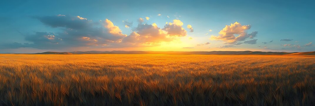 Golden wheat field under a clear blue summer sky at sunset, long shadows stretching across the field, copy space on the lower half.