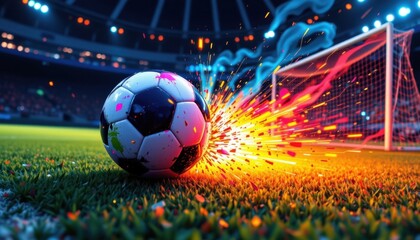 Fototapeta premium A colorful depiction of a soccer ball leaving a trail of sparks behind as it zooms towards the goal.
