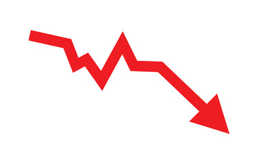 Red arrow going down stock icon on white background. Bankruptcy, financial market crash icon for your web site design, logo, app, UI. graph chart down trend symbol.chart going down sign.