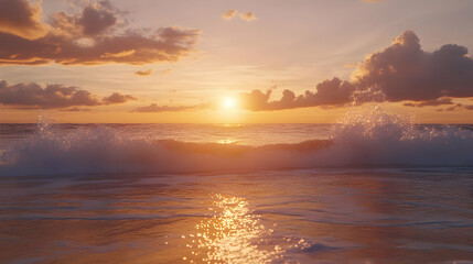 Naklejka premium Golden Sunset Over Ocean Waves Splashing on Sandy Beach with Vibrant Sky and Horizon Reflecting Warm Light in Tropical Seascape