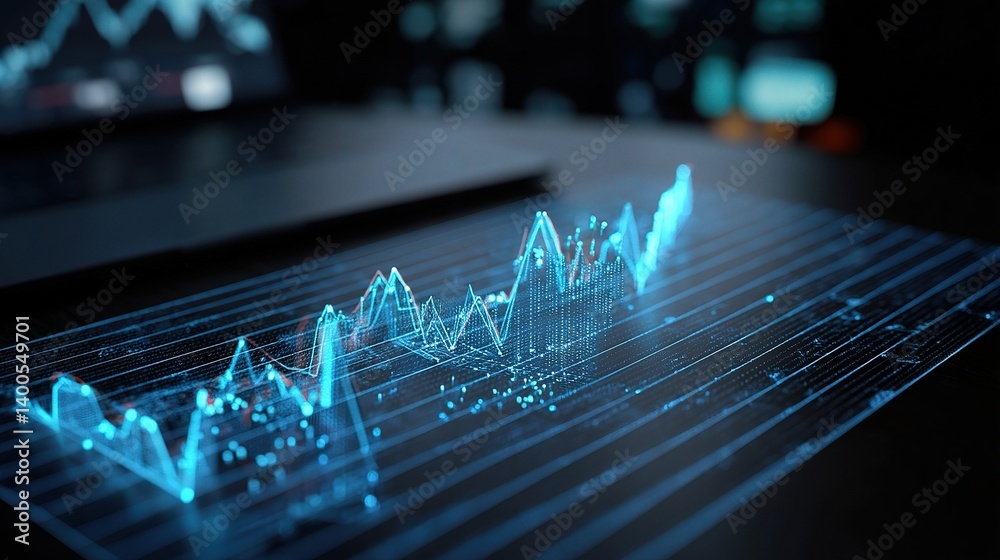 Poster holographic forex graph displayed on table with computer background