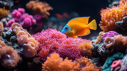 Obraz premium Vibrant aquatic ecosystem featuring a colorful fish among coral reefs