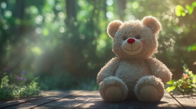 A plush teddy bear with a brown body, dark nose