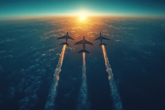 Aerial Acrobatics with Smoke Trails in Blue Sky by Fast Performance Aircraft