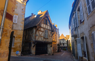Fototapeta premium Scenic view of historic half-timbered houses in Montlucon commune in central France on sunny summer day