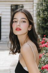 Beautiful young woman with dark wavy hair and striking features posing confidently among vibrant roses in a sunny garden