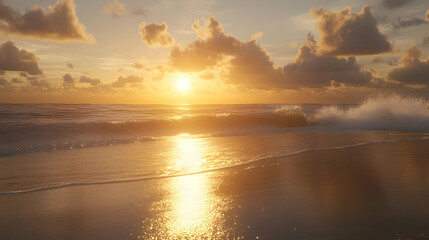 Obraz premium Golden Sunset Over the Ocean with Waves Crashing on Sandy Beach Under a Cloudy Sky in Tropical Paradise on Sunny Day