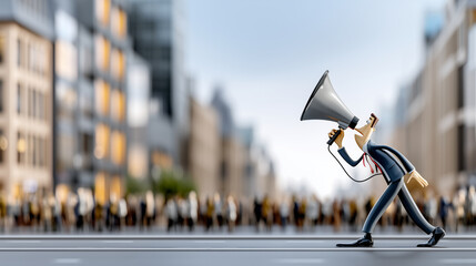 Miniature Businessman with Megaphone in Urban Street