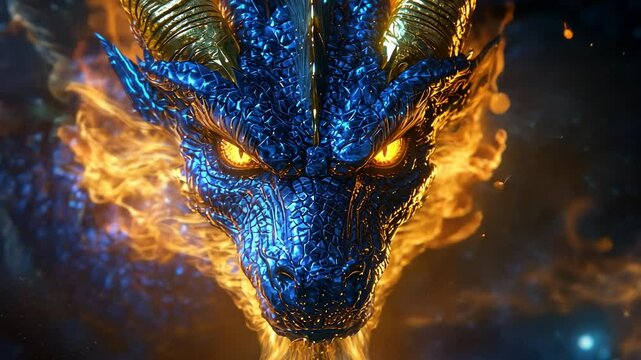 Fiery, golden-scaled, blue dragon head.