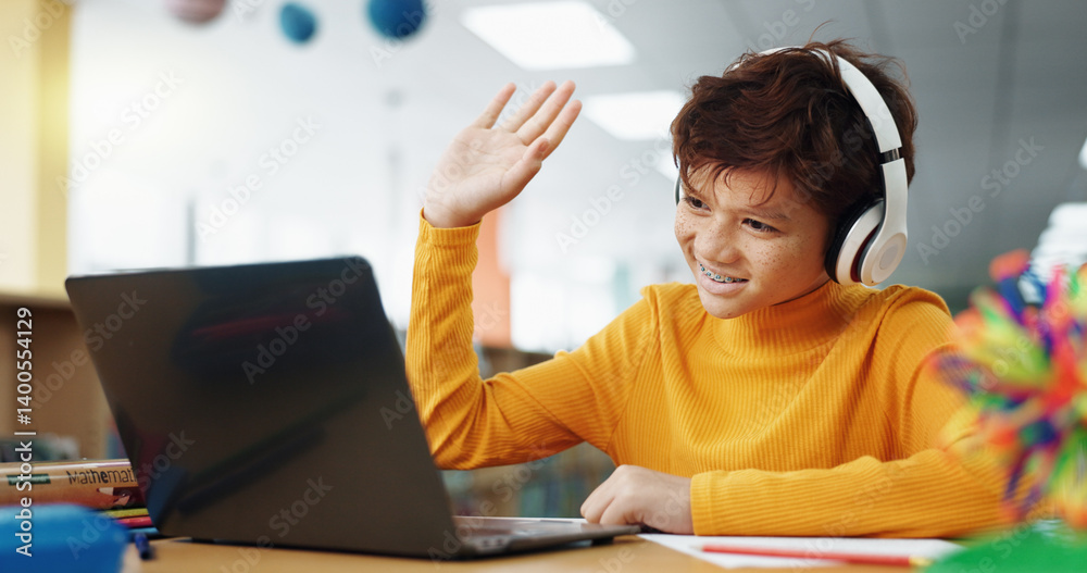 Poster student, library and headphones with laptop for video call, e learning or online class with knowledg