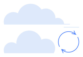 Two cloud shapes and a circular arrow symbol indicating renewal, synchronization, or transfer process. Ideal for technology, cloud computing, updates, file sharing, data storage, digital
