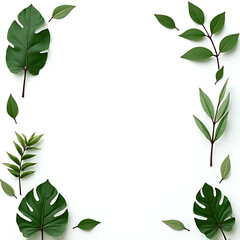 Fresh modern nature background using top-view perspective of monstera and fiddle leaf fig leaves styled around the frame