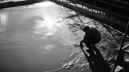 Obraz premium Construction worker laying concrete for a parking lot foundation. Featuring strength and precision