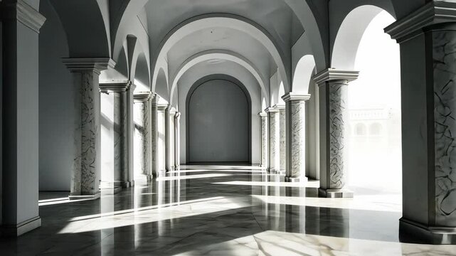 Majestic white colonnaded hallway with arched ceilings.