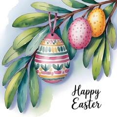 Watercolor drawing with painted eggs on a willow branch. The inscription on the drawing "Happy Easter".