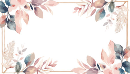 Obraz premium Watercolor frame of blush pink and dusty blue leaves/branches with thin gold border for decoration