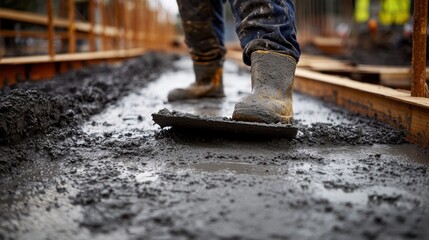 Construction worker laying concrete foundation for a commercial building. Featuring skill and strength