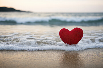 Fototapeta premium A heart-shaped object stands on a sandy beach, with gentle waves in the background during sunset.