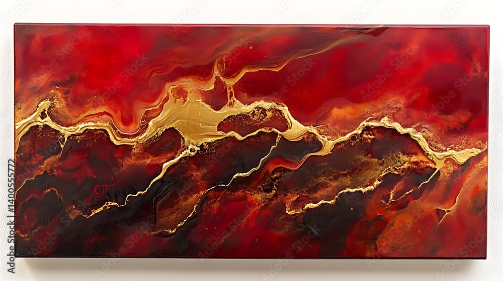 Poster abstract artwork featuring rich red and black swirls accented with gold highlights, creating a dynam