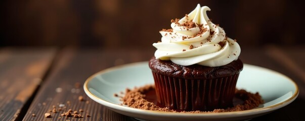 Whipped cream tuft on top of a rich chocolate cupcake, dessert plate, decadent delights