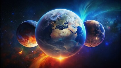 Obraz premium Double Exposure: Moon Orbiting Earth, Lunar Phases