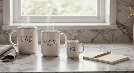 Family mugs set on kitchen counter for family blogs websites social media posts celebrating parenthood togetherness or International Day of Families related content