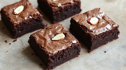 1Rich chocolate brownies with a dense fudge texture, topped with sliced almonds 